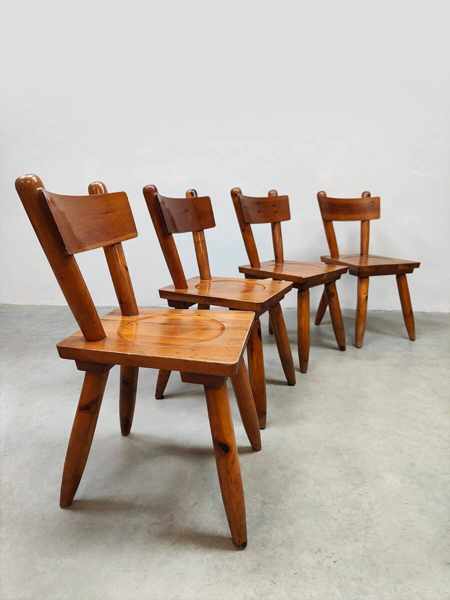 Vintage brutalist wooden dining set chairs & table 1970