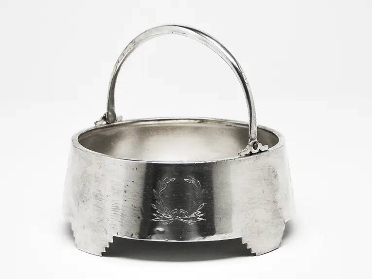 Neoclassical basket sugar bowl, silver-plated brass, Fraget, Poland, early 20th century