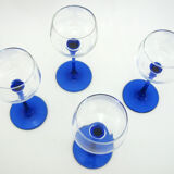 4 glasses of Alsace white wine - cobalt blue stem - Luminarc France - vintage 70s