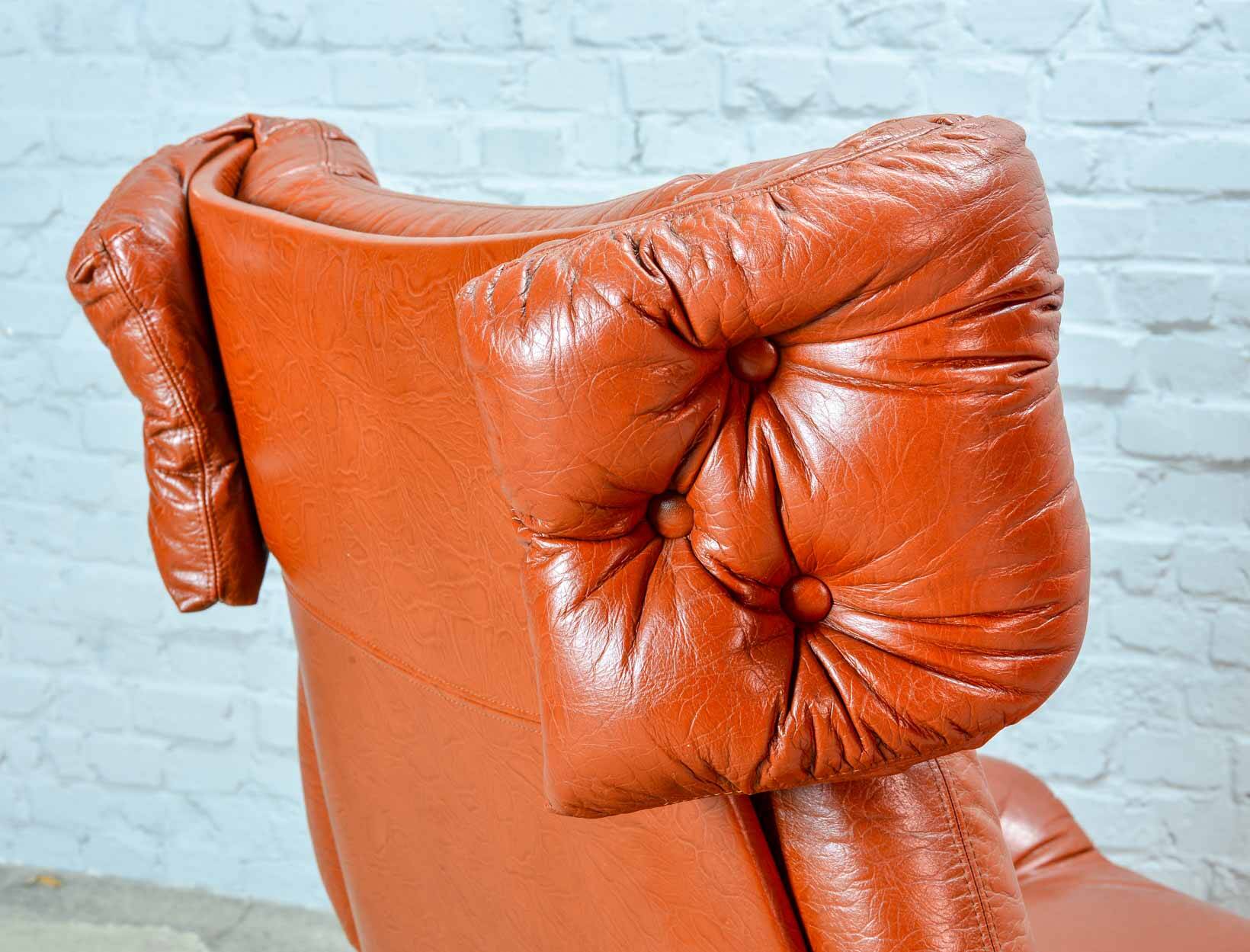 Brutalist Sculptured Brazilian Style Cognac Leather Lounge Chair, 1970s
