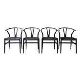 Set of 4 vintage Scandinavian Wishbone style chairs in black wood.