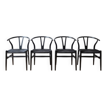 Lot de 4 chaises scandinaves vintage style Wishbone en bois noir