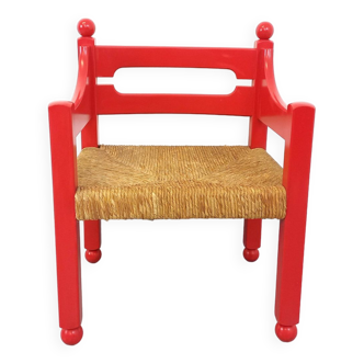 Vintage Italian Vico Magistretti style armchair in red wood and straw from the 60s and 70s