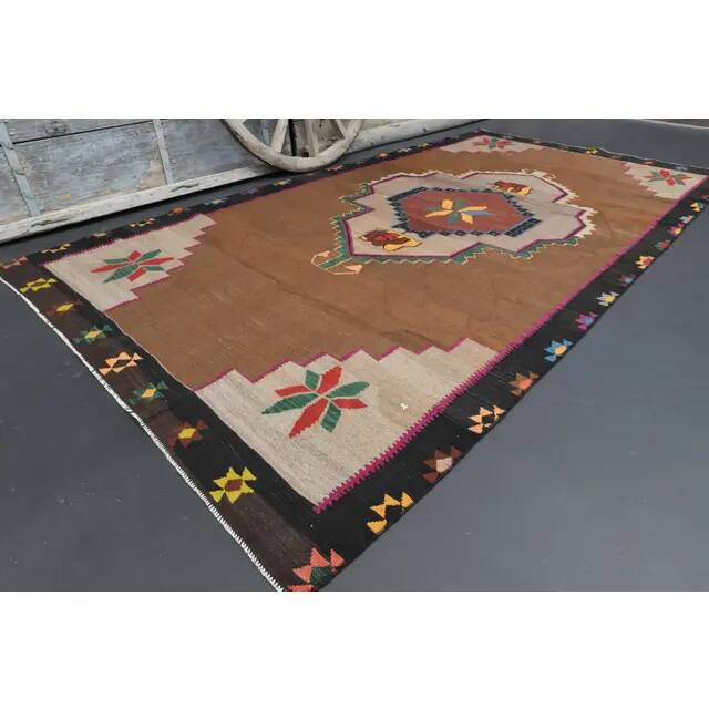 1970s vintage Turkish Oushak handmade wool cotton brown area rug 180x345