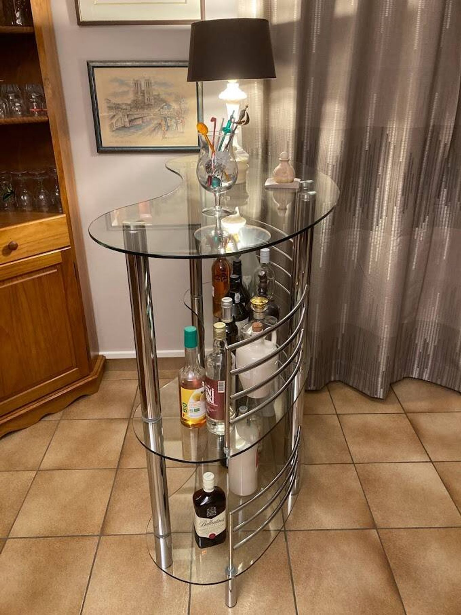 Bar in tempered glass and chrome L.120 x l.45 x H.107
