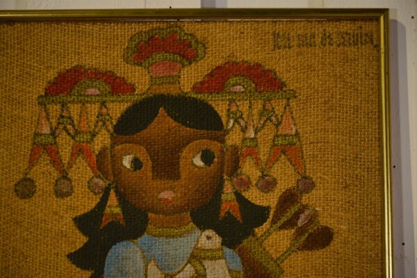 Paire de tableaux sur toile de jute art ethnique, encadrement Trousson et Cie Roubaix, 1970