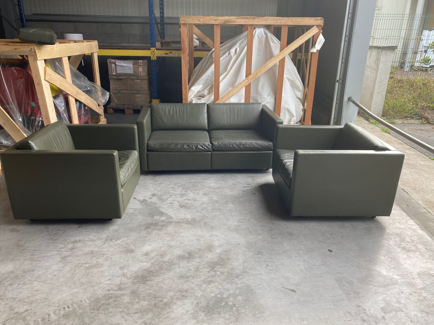 2-seater sofa and 2 armchairs set Pfister for Knoll khaki leather
