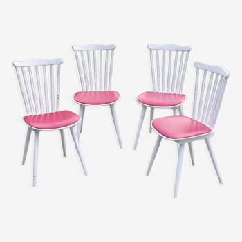 Set of 4 Scandinavian style chairs from the 50s in white lacquered wood and red skaï patties