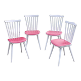Set of 4 Scandinavian style chairs from the 50s in white lacquered wood and red skaï patties