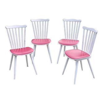 Set of 4 Scandinavian style chairs from the 50s in white lacquered wood and red skaï patties