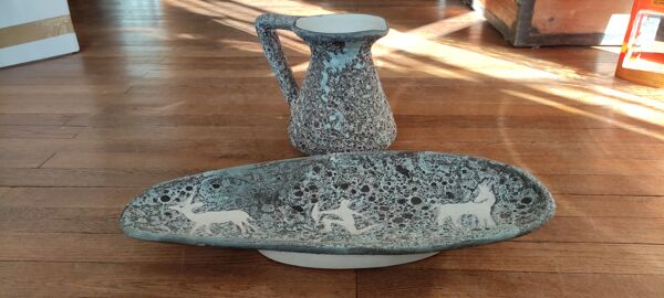 Ensemble plat pichet céramique vintage/Vallauris Annette Roux
