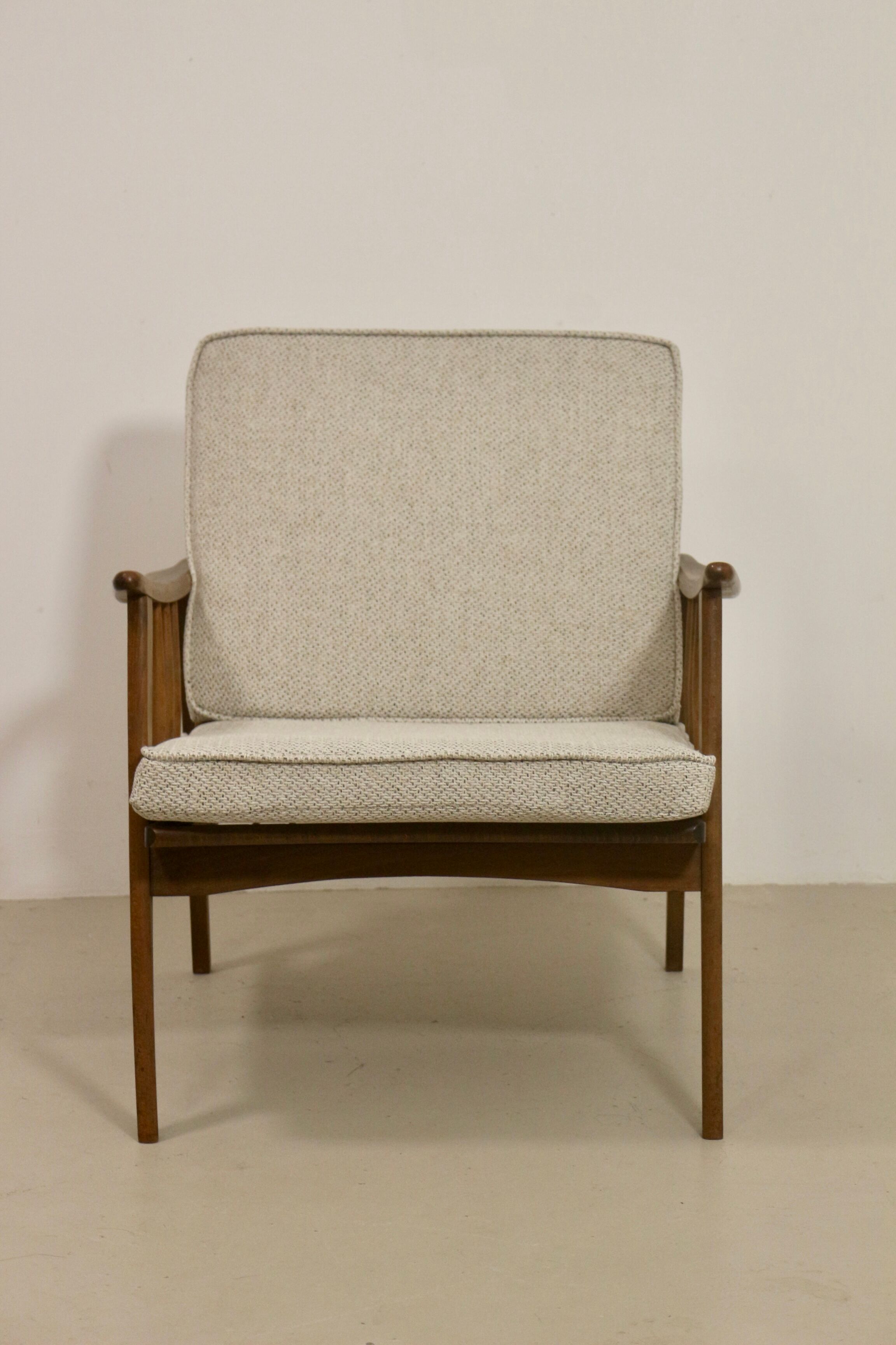 Scandinavian armchair 1960 curved armrests, mottled gray fabric