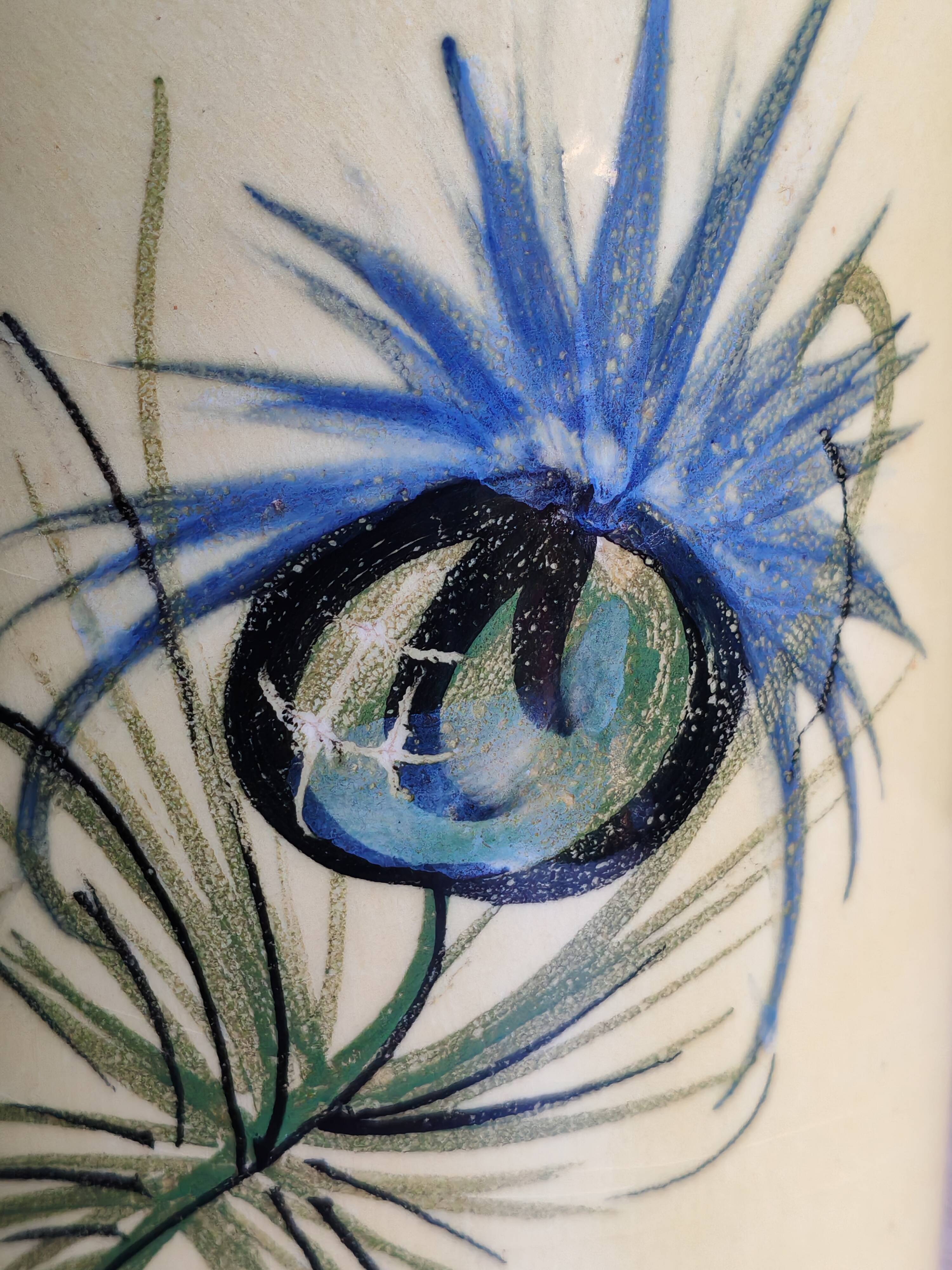 Vintage 1960s Vallauris Yellow Ceramic Vase, Blue Peacock Feather Decor