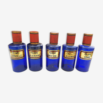 Set de 5 flacons de pharmacie en verre bleu et or