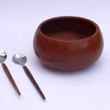 Teak wooden salad bowl and serving spoons, 1970s