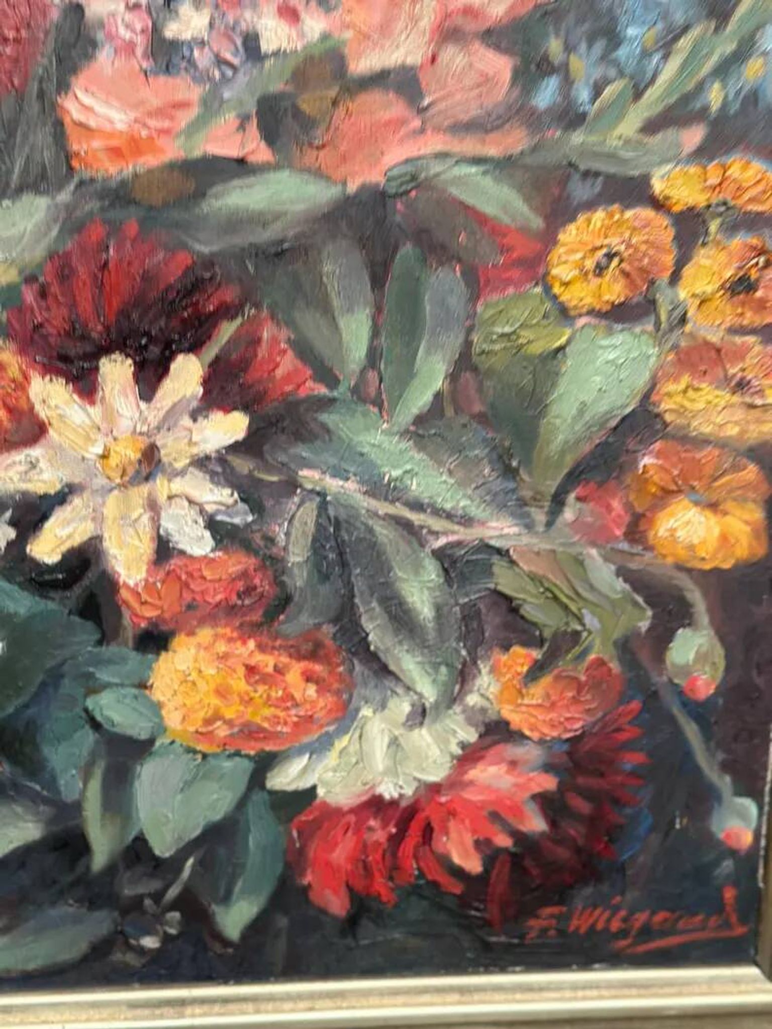 Original Still Life Oil on Canvas “Still Life with Flowers” by F. Wiegand