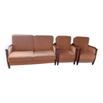 Ensemble de 3 canapés + grand tapis | Bois + tissu rembourré