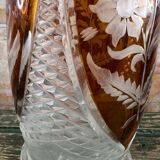 Large amber crystal vase – Engraved floral decoration – 29 cm
