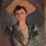 Huile sur panneau, portrait d’une jeune femme au chapeau jaune, XIXème école française