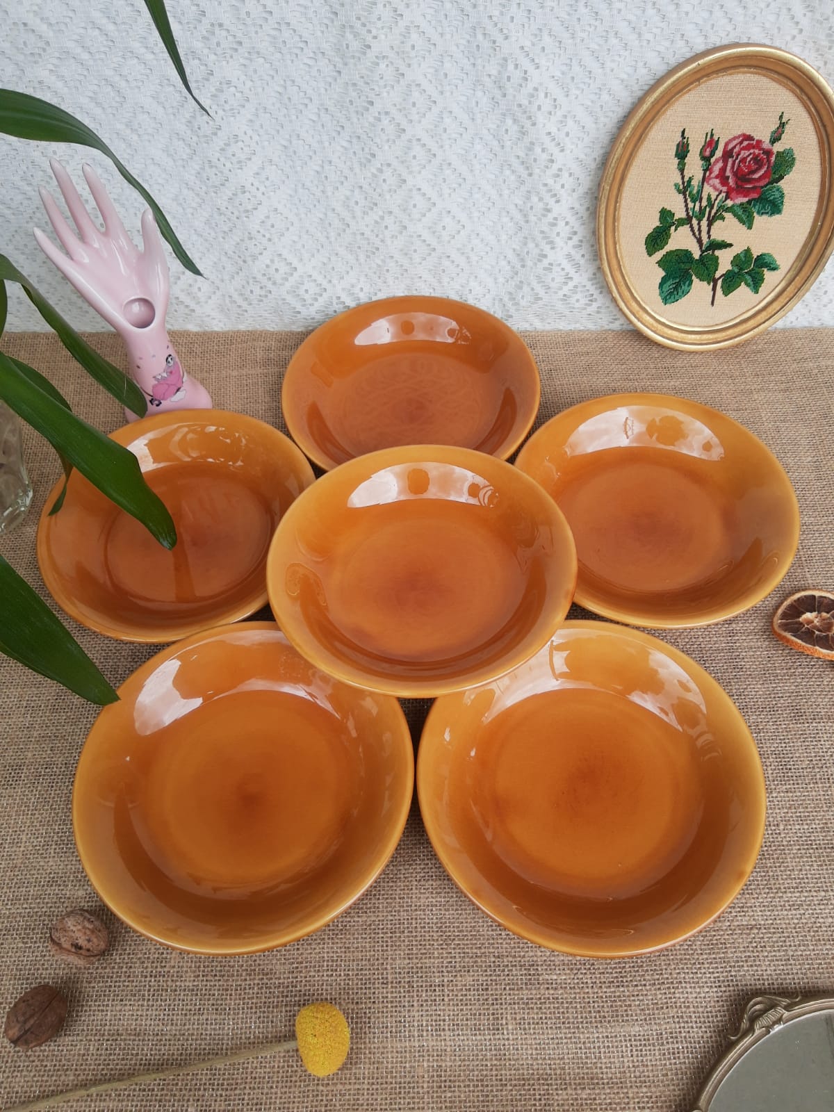 Set of 6 hollow plates Longchamp France mustard - vintage