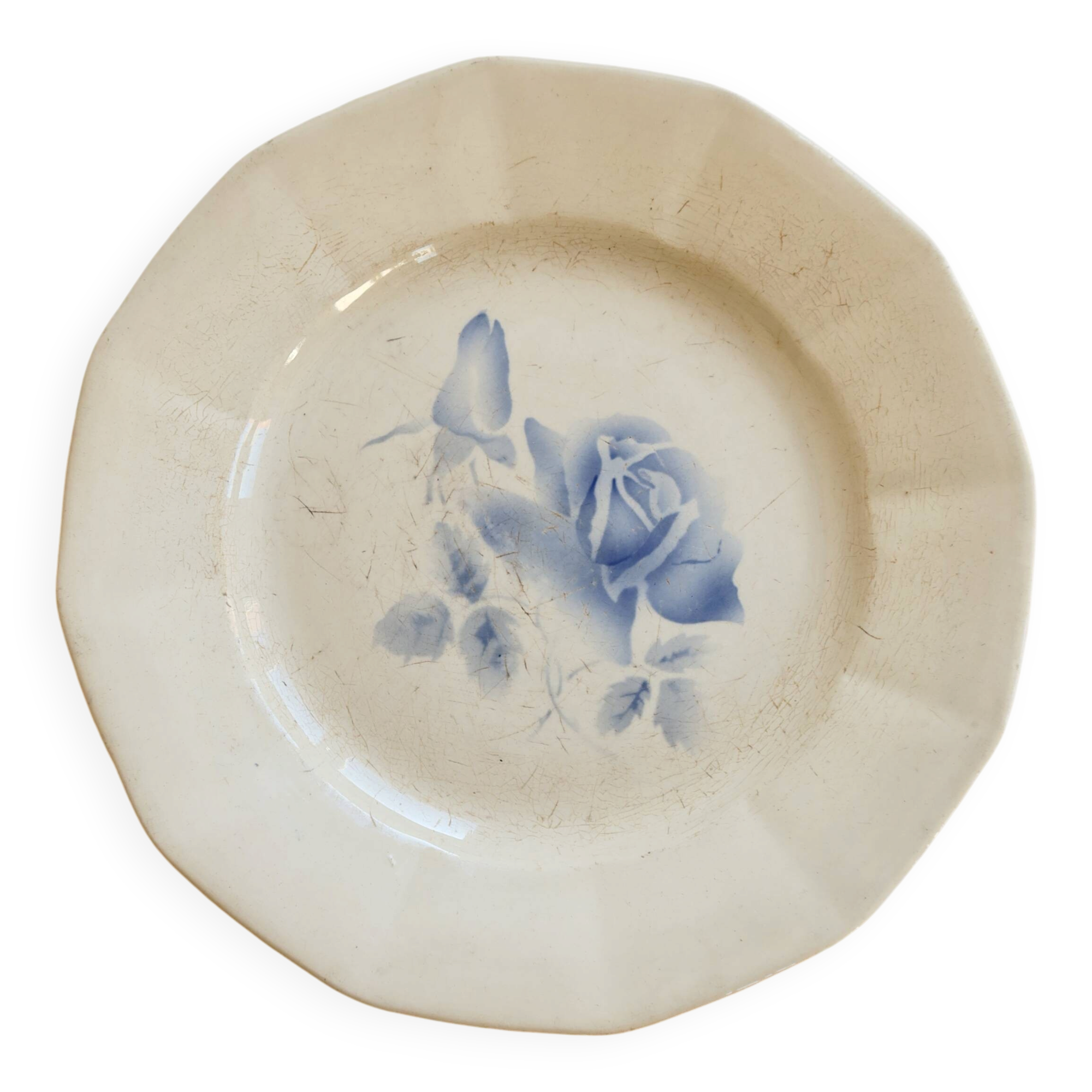 Antique flat plate, ironstone Digoin ivory - Blue rose decoration