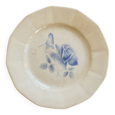 Antique flat plate, ironstone Digoin ivory - Blue rose decoration