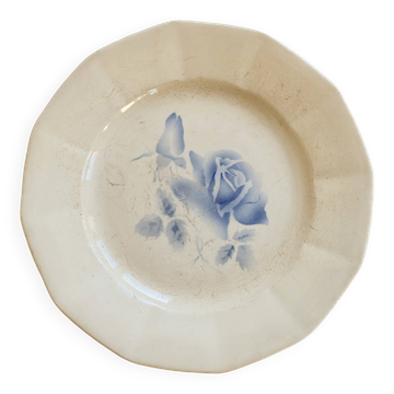 Assiette plate ancienne terre de fer Digoin ivoire - Décor rose bleue