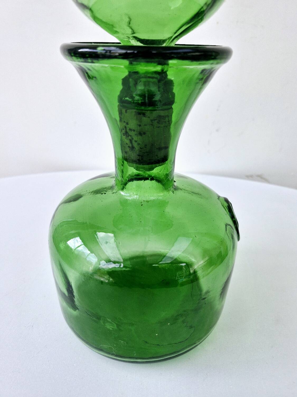 Vintage Green Empoli Italian Glass Carafe With Fleur De Lys Seal Stopper