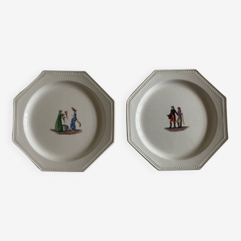 Pair of plates Creil and Montereau octagonal pearls directoire