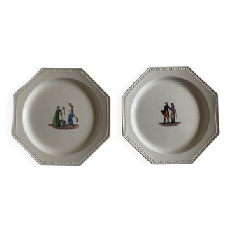 Pair of plates Creil and Montereau octagonal pearls directoire