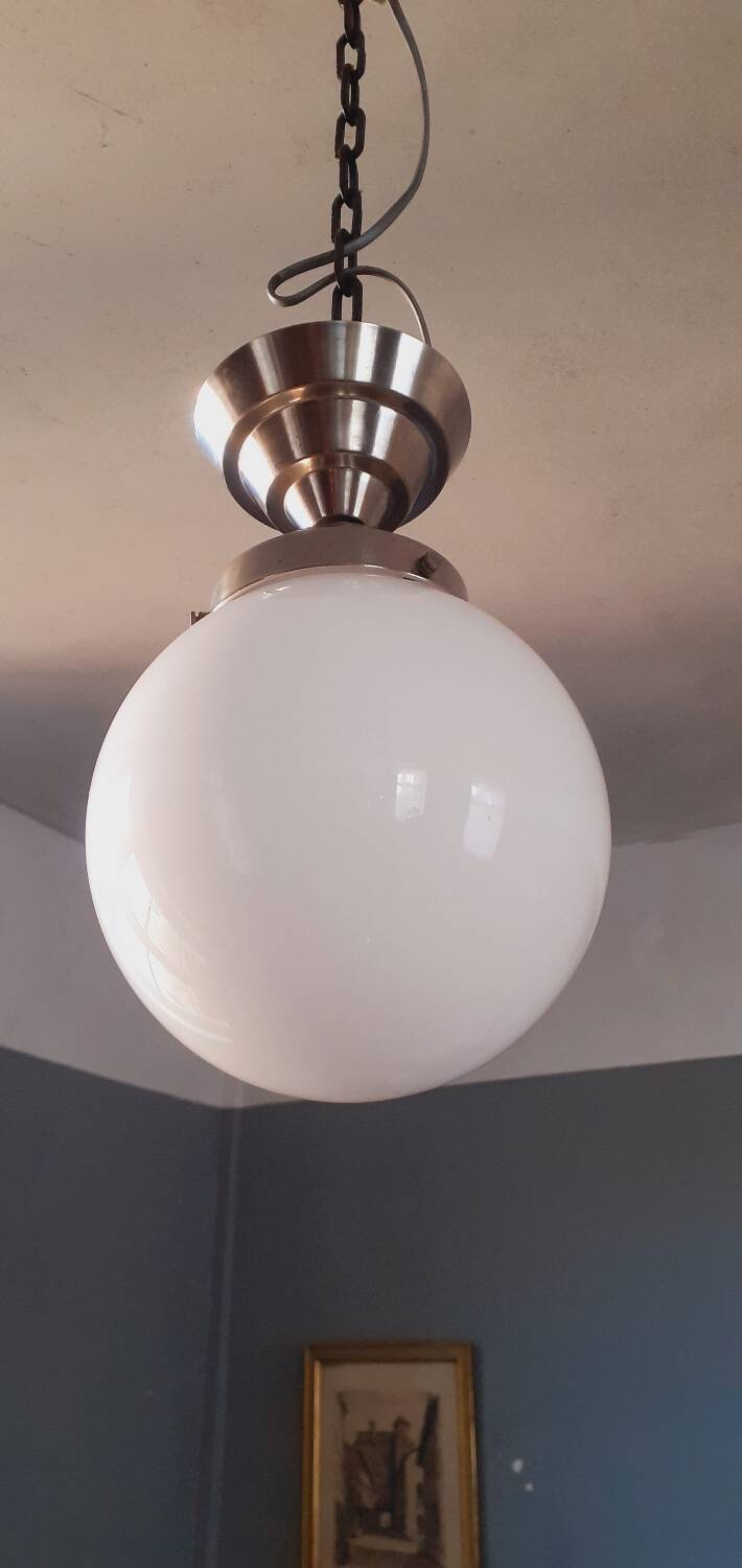 Art Deco ceiling light from the 40s in tinned metal and white opaline