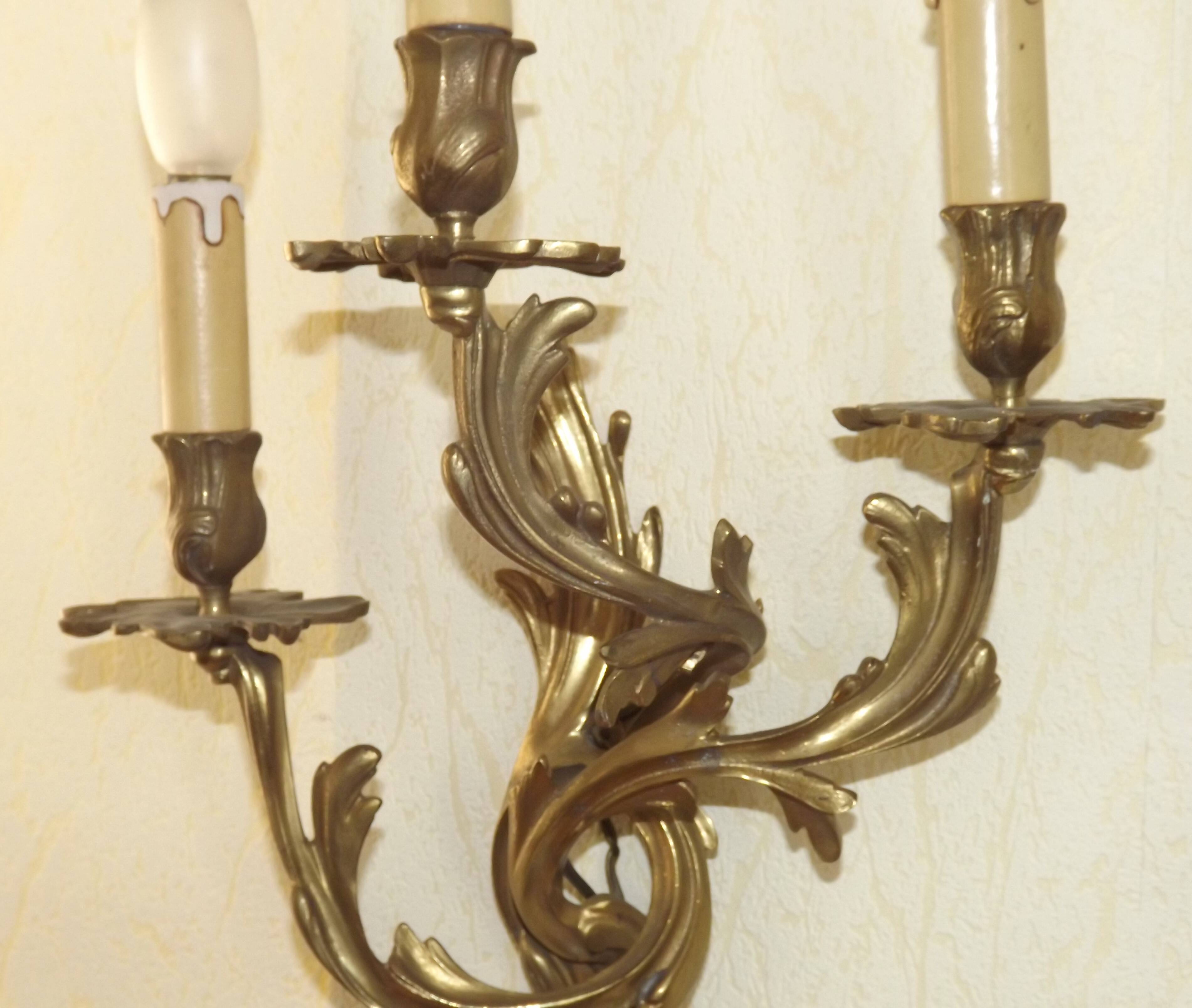 Very large pair of early 1900s 3-light acanthus leaf wall sconces 5209