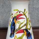 Finely hand-painted porcelain vase with toucans, circa 1950