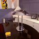 Round dining table, 1980s, black stained wood with glass top