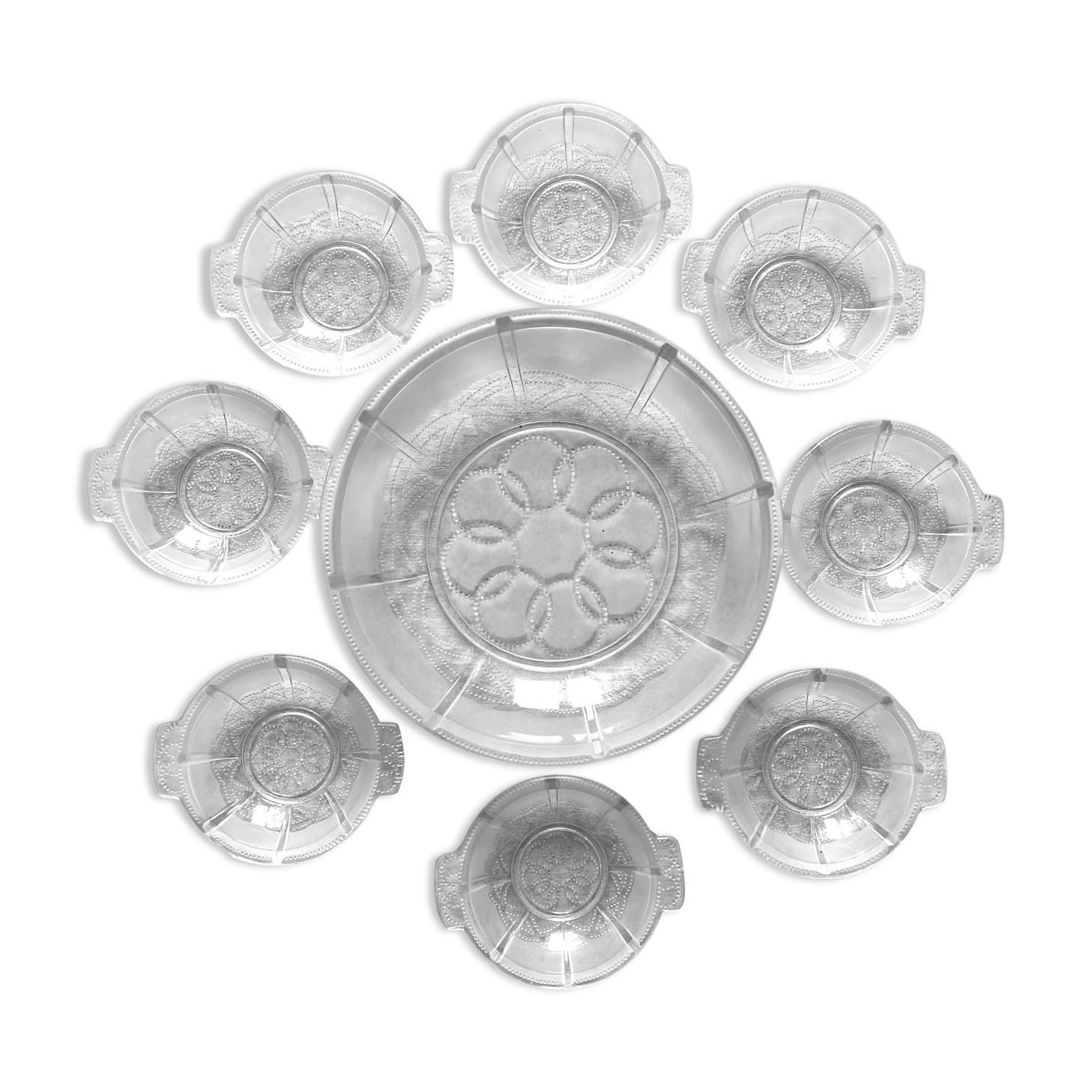Vintage fruit salad set in glass, bowls and salad bowl