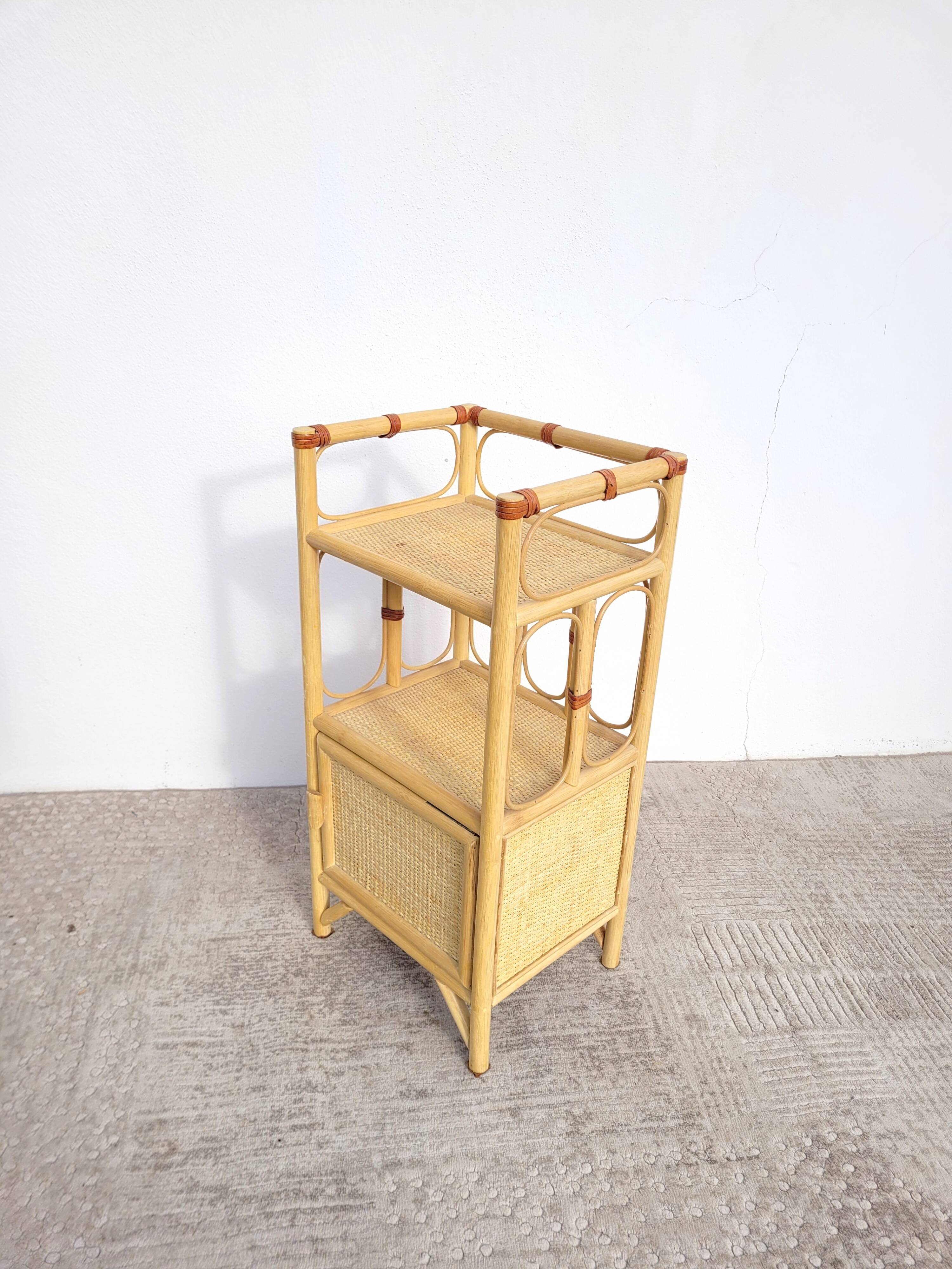 Small vintage rattan shelf bedside table