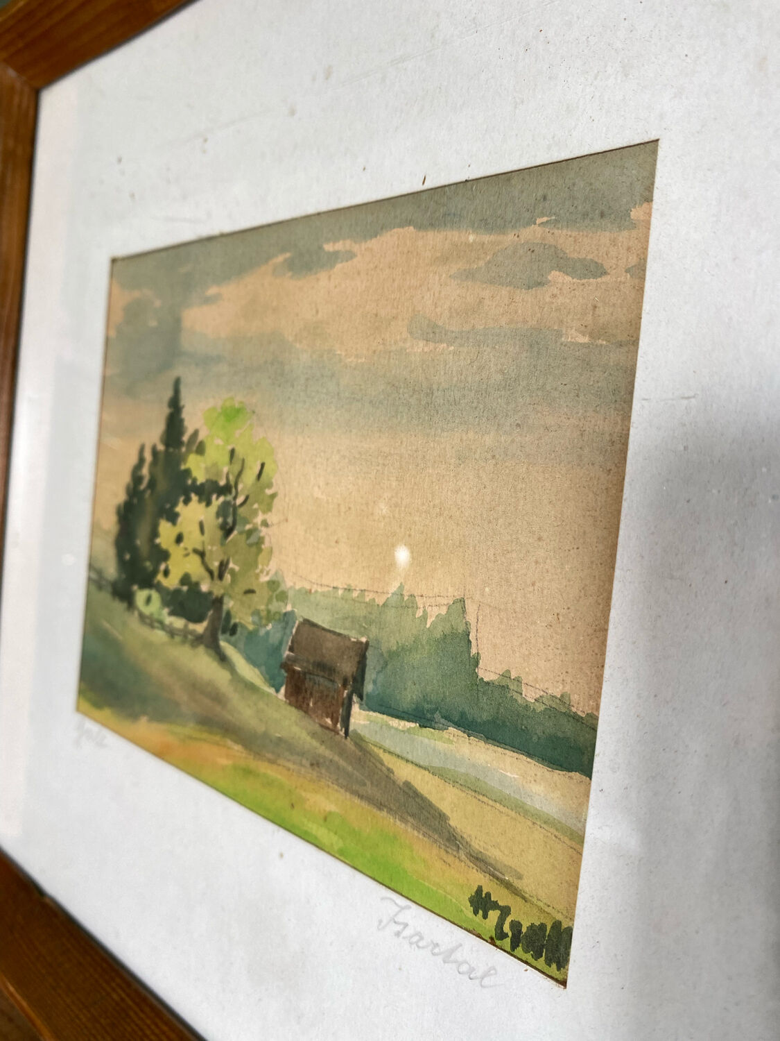 Framed watercolor landscape signed 1949