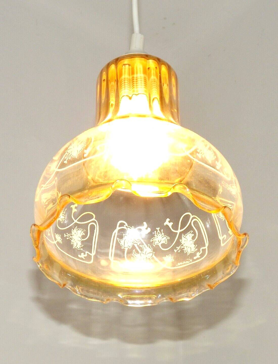 Vintage French signed Vianne amber glass ceiling light with floral decoration 4523
