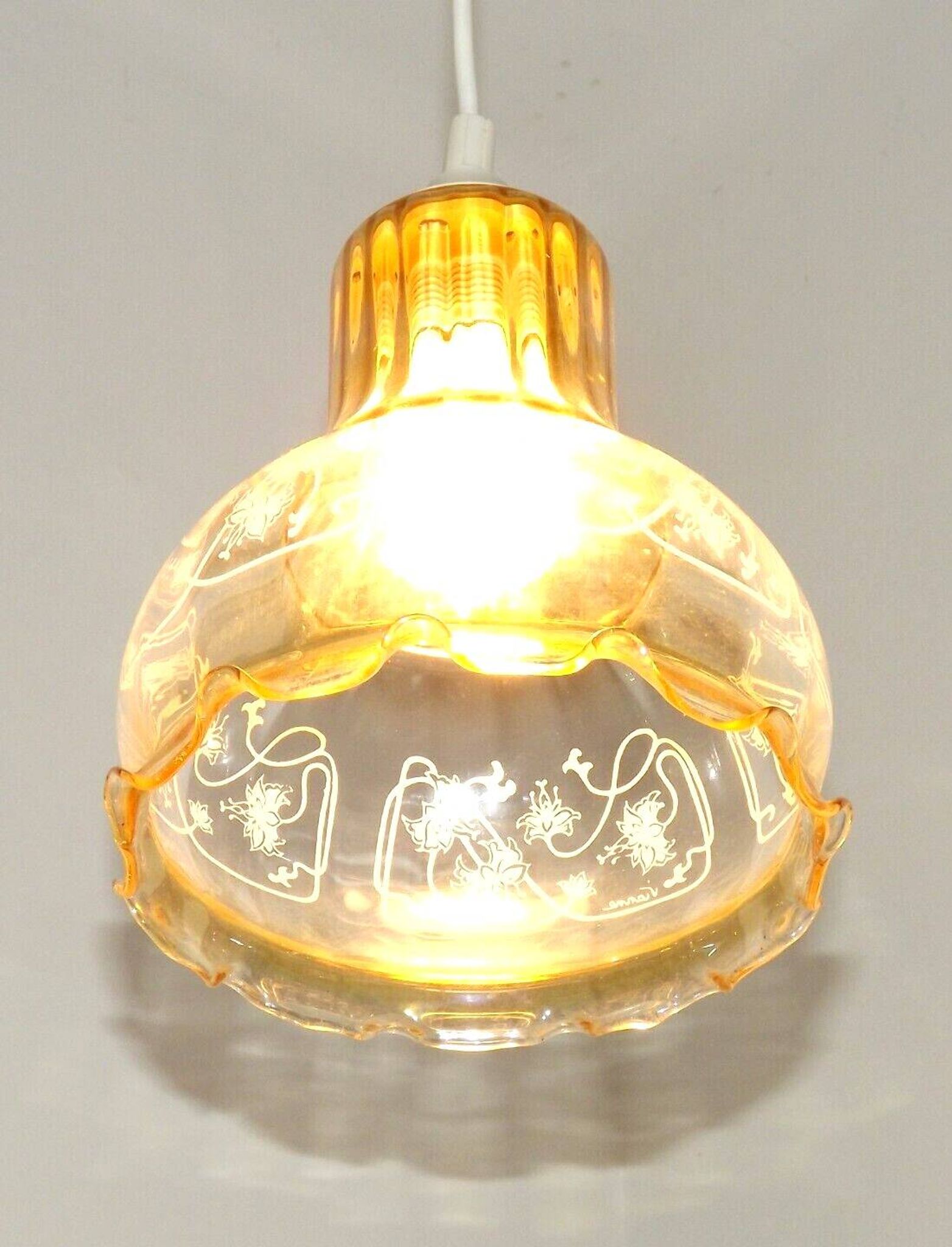 Vintage French signed Vianne amber glass ceiling light with floral decoration 4523