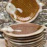 Fish plates, dish and sauce boat, Italian barbotine, 1970