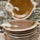 Fish plates, dish and sauce boat, Italian barbotine, 1970