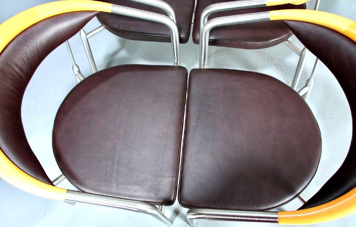 Series of 6 danish armchairs in stainless steel and wood, dark brown leather seats from the 1990s