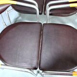 Series of 6 danish armchairs in stainless steel and wood, dark brown leather seats from the 1990s