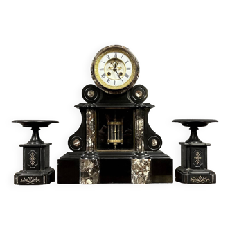 Notary triptych clock from the Napoleon III period in black marble circa 1850