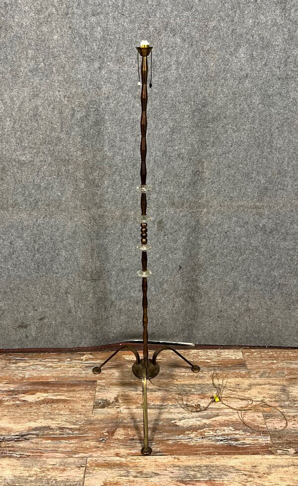 Pied de lampadaire vintage en fer, verre et laiton doré vers 1950