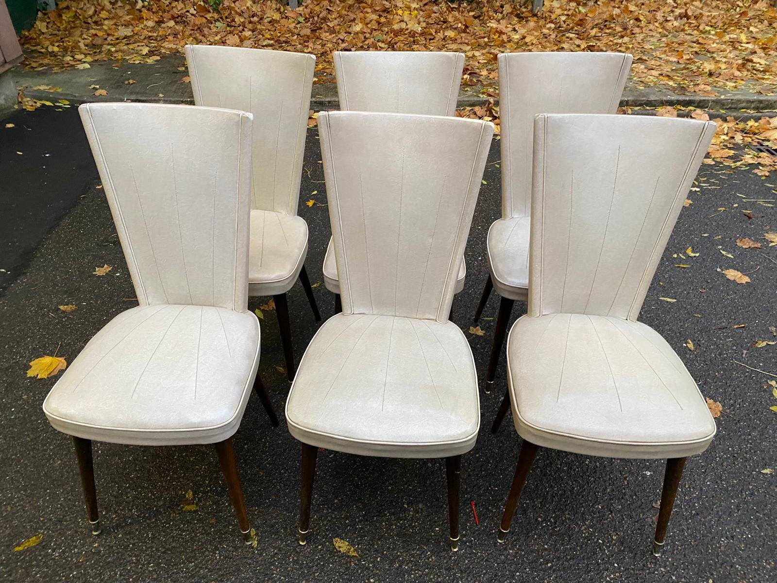 6 vintage Scandinavian chairs in solid wood and beige leather, circa 1960