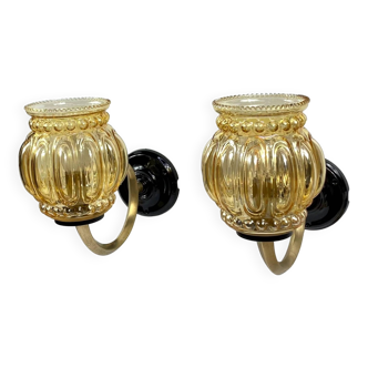 Pair of brass swan neck wall lights and gold glass globes vintage lighting fixture