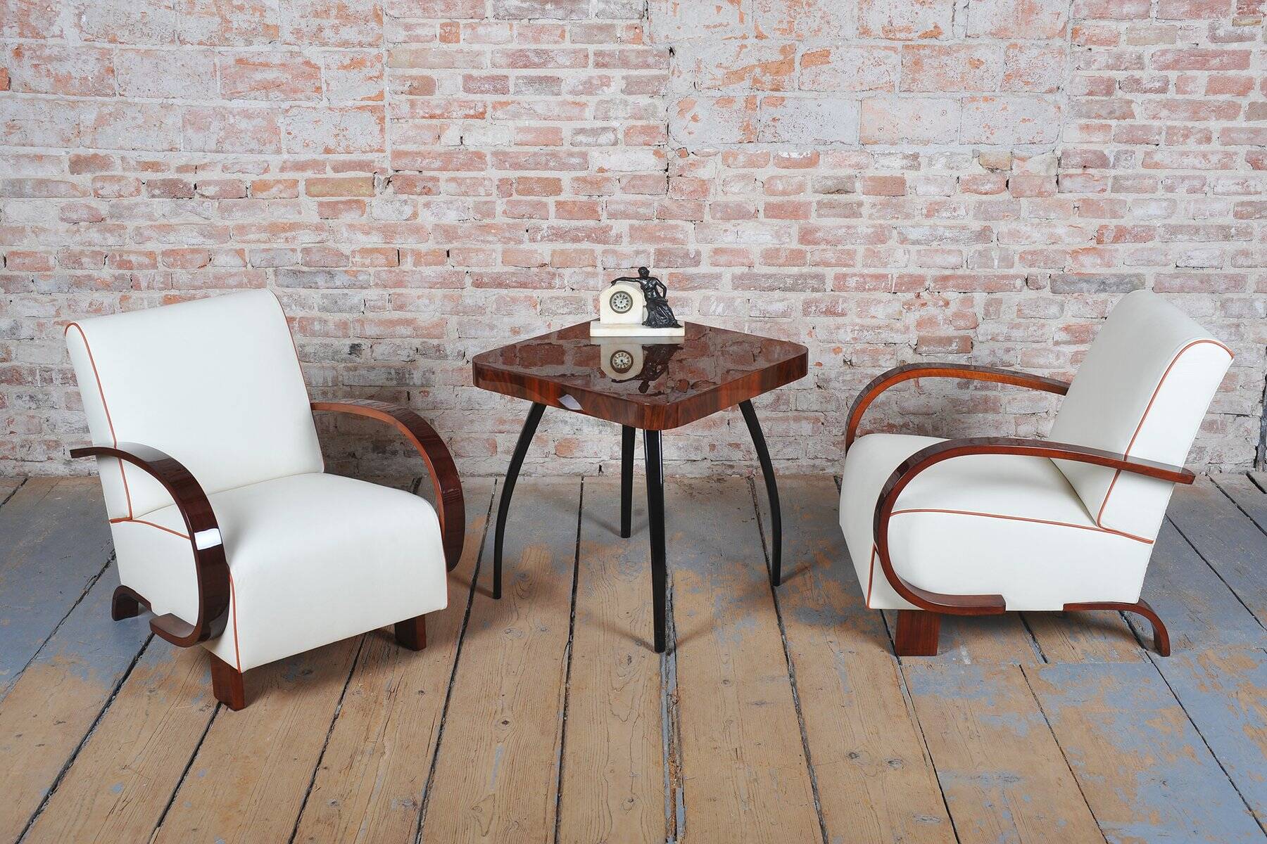 Art Deco Armchairs in Walnut and Leather, Czech, 1930s, Set of 2