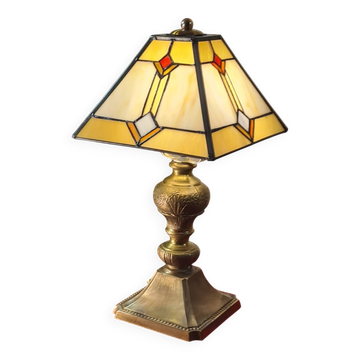 Art deco bronze and brass lamp h40x30 tiffany glass style lampshade
