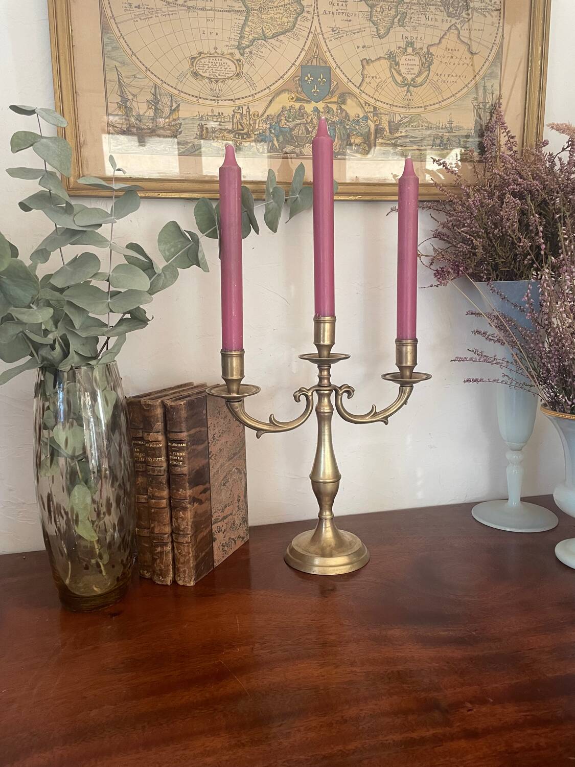 Vintage brass three-light candlestick